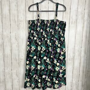 Ellos Black Plus Size Smocked Bodice Floral Stretchy Tank Knee Length Dress 1X